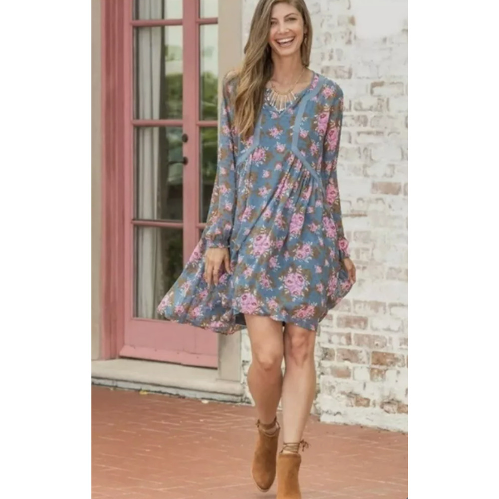 Matilda Jane Make Believe to the Nines‎ Sheer Overlay Dress L Blue Pink Cottage